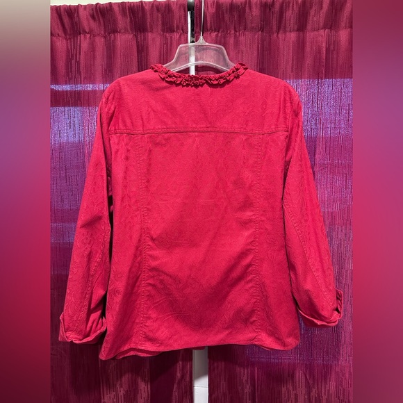 COLDWATER Creek Red Damask Zip Jeans Jacket With Ruffle Trim sz 2X - Picture 2 of 8
